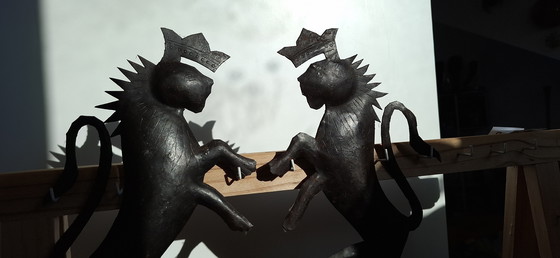 Image 1 of Set of 2 Rare Antique Wrought Iron Wall Sconces - Exclusive Antique Lions