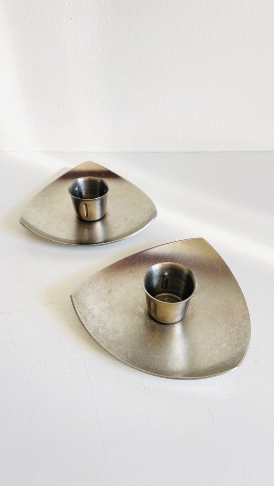 Image 1 of Vintage brushed metal geometric candlesticks