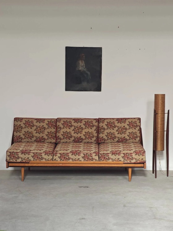 Folding sofa bed Canapé banquette Interier Praha 1960 floral pattern fabric – 3-5 seaters, Wood (photo 23 of 30)