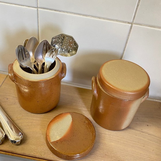Image 1 of 2 Pots à Graisse ou Confit Grès de Bonny Émaillé Ancien avec Couvercle