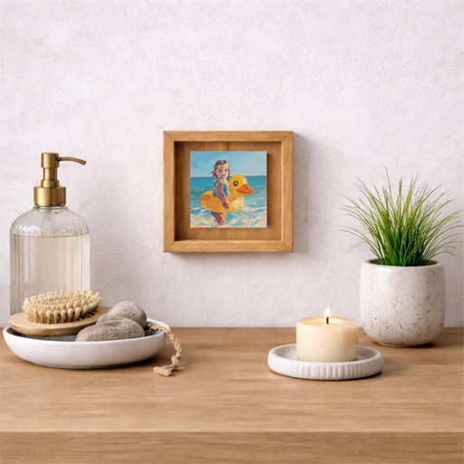 Jeune fille au bord de la mer, impressionnisme contemporain en miniature, 10 x 10 cm ; Sandra Kolondam