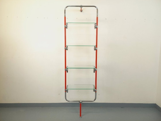 Image 1 of Modular Bauhaus-style vintage bookcase in red metal, chrome and glass from the 1970s