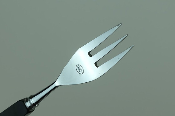 Image 1 of 1930s art déco bakelite CAKE LIFTER and 6 cake forks black bakelite and lucite cake serving set in original box