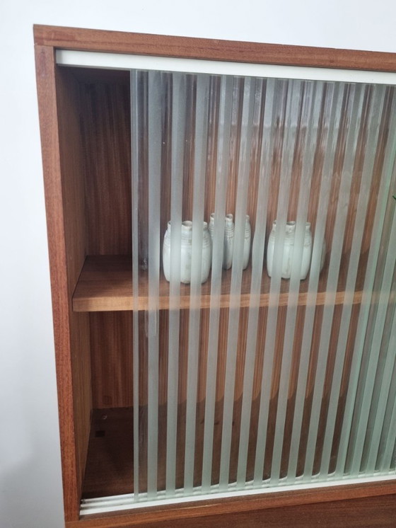 Image 1 of Set of two vintage cabinets with ribbed glass – warm wood & white (mid-century look)