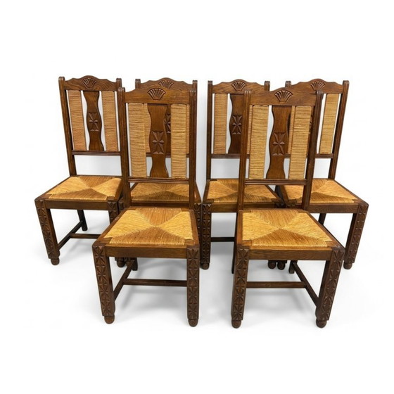 Image 1 of Set van 6 eetkamerstoelen, brutalistische stijl, zitting van riet en essenhout, jaren 1950, Frankrijk