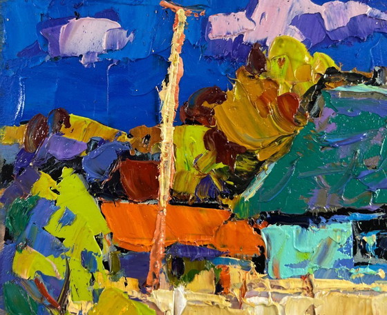 Image 1 of Original Oil Painting Summer Village Landscape Tree, house and endless sky