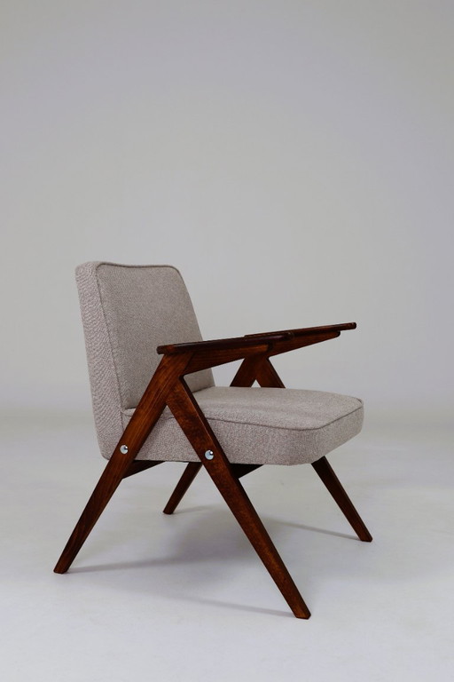 Vintage armchair, after renovation, beige upholstery, dark walnut color wood, Scandinavian design
