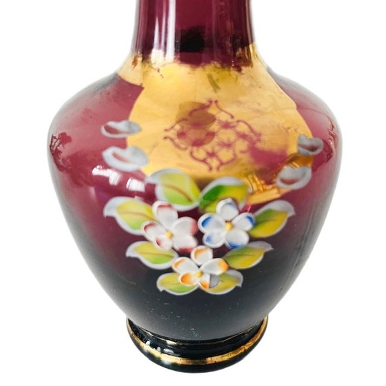 Image 1 of Vintage Czech Bohemian hand-painted gilded glass vase amethyst purple 1950s
