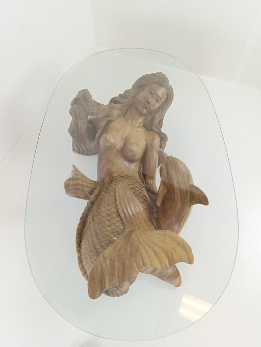 Mesa de centro vintage de sirena con tapa de cristal