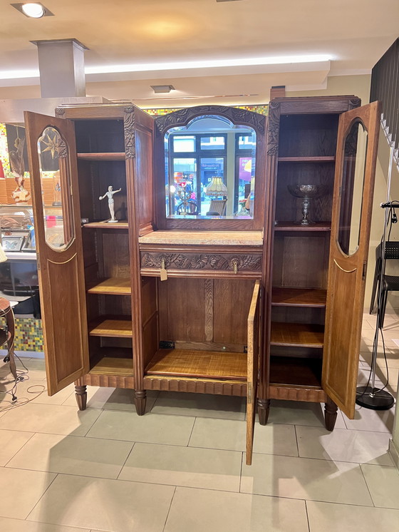Image 1 of Art Nouveau buffet with marble top, faceted mirror and 2 display cabinets made in Germany around 1910.