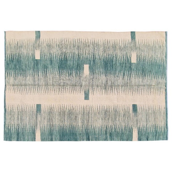 Handgeweven modern groen ikat kilim tapijt | Platgeweven | Hedendaags | 246 × 171 cm (97 × 67 inch) (photo 3 of 11)