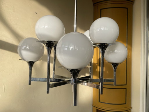 Lamp Pendant Lamp Vintage 60s Chromed 8 Arms White Bulbs French