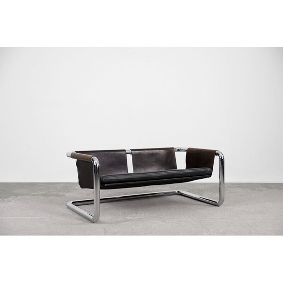 Image 1 of Vintage Brutalist Tubular Metal and Leather Bauhaus Minimalist Sofa 1950s