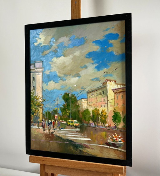 Pintura al óleo original Paisaje urbano de verano Ritmo veraniego de la ciudad