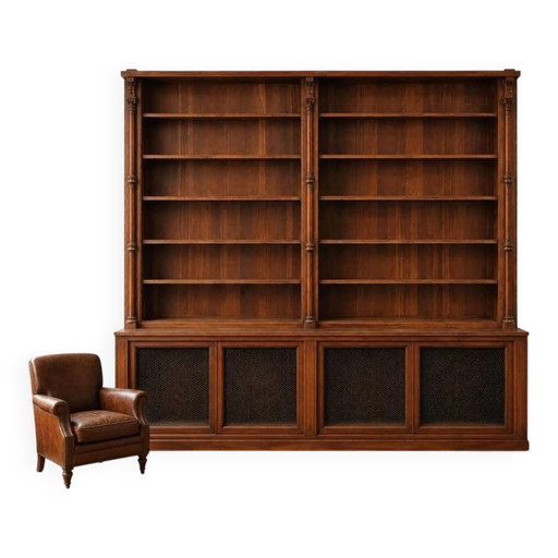 Imposing two-body buffet/library in solid oak and walnut from the Napoleonic III period.