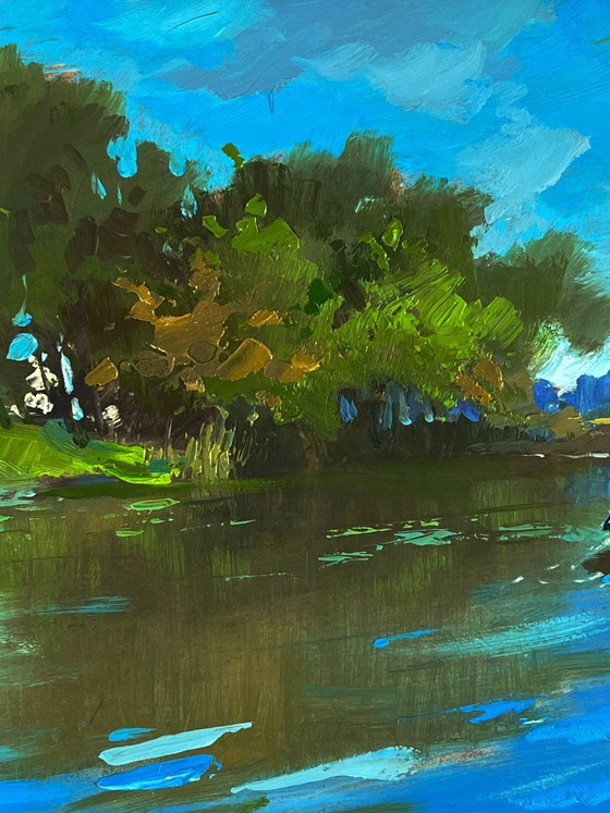 Image 1 of Peinture à l'huile originale, paysage naturel, collines d'été, bateaux sur la rivière