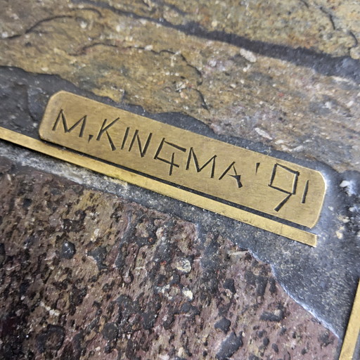 Vintage slate coffee table Marcus Kingma / coffee table (Brutalist) (1992) handmade, radars, brass