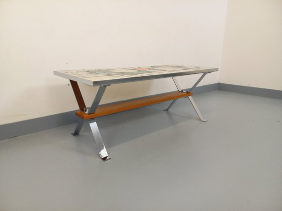 Image 1 of Vintage coffee table from the 60s and 70s in ceramic, chrome metal and wood