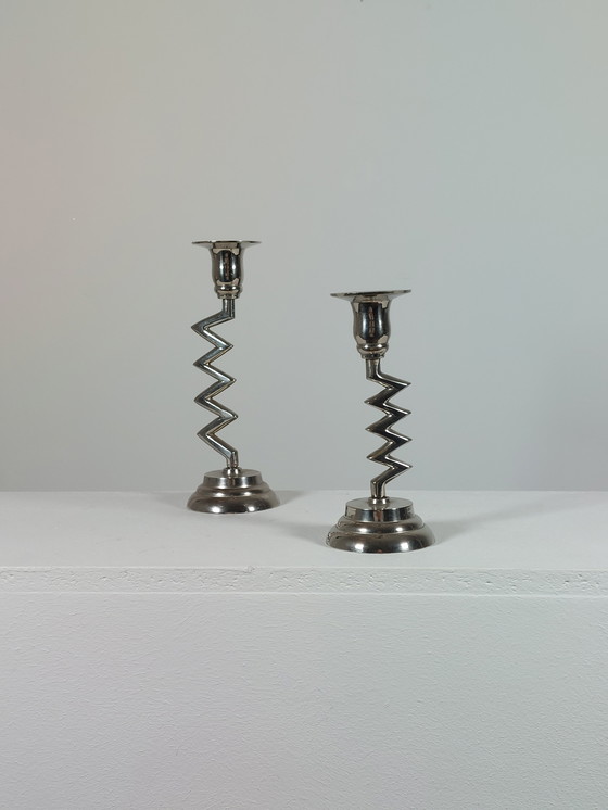 Image 1 of Coppia di candelieri vintage di design, decoro a zigzag, cromati, stile Memphis, anni '80