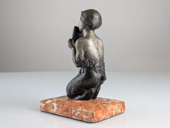 Image 1 of Junger Faun mit Panflöte, Art-Deco-Skulptur auf Marmorsockel, 1920er Jahre