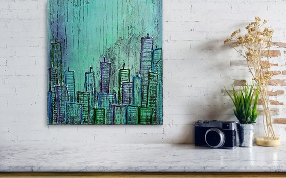 Image 1 of Contemporary paintig in teal, purple and green shades, acrylic on canvas