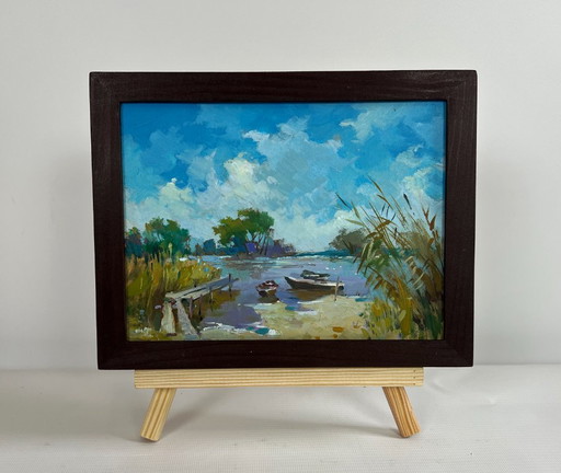 Origineel olieverfschilderij: Zomers rivierlandschap na een lange dag in de natuur.