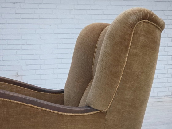 Image 1 of 1960s, Danish relax chair, original green furniture velour, carved oak wood.