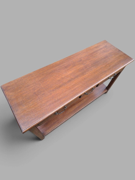 Tavolino in rovere classico, tavolo a muro, console, dimensioni 127x44cm e 71cm di altezza., Metallo, Legno (foto 3 di 6)