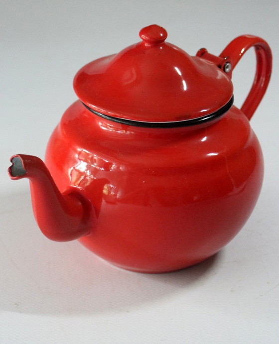 Image 1 of Zeer mooie rood geëmailleerde theepot uit de jaren 1950