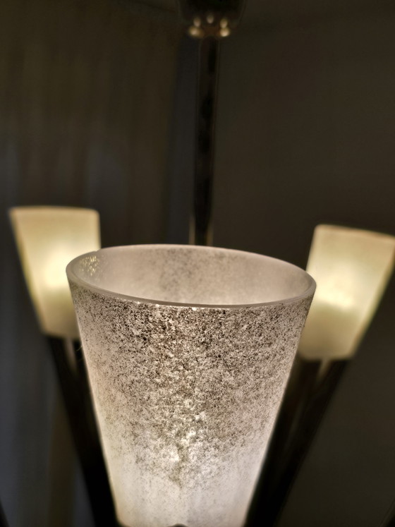 Image 1 of Vintage Mid-Century Brutalist Trumpet Horn Chandelier – Frosted Glass & Patinated Metal