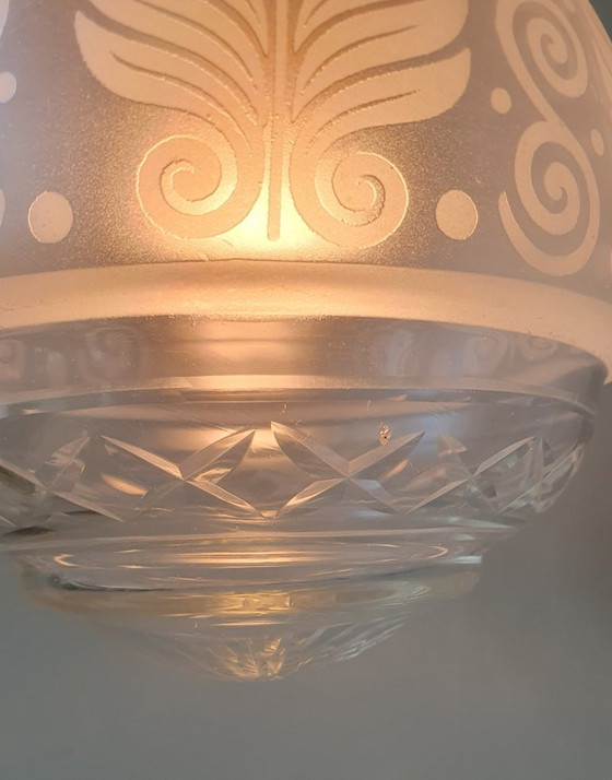 Vintage Bollamp / Hanglamp - Geslepen Glas (Ge-etst) Met Frosted Decoratie – Hanglampen, Metal (photo 14 of 15)