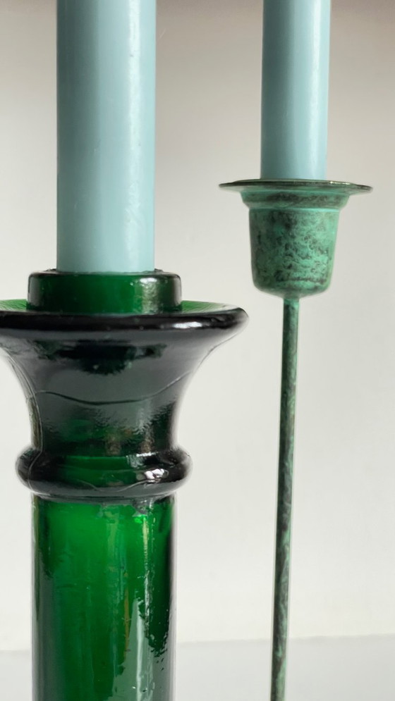 Image 1 of Vintage Glass and Metal Candle Holders Green