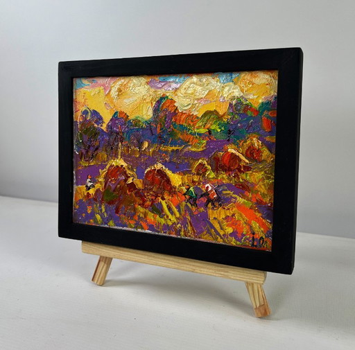 Original Oil Painting Autumn Evening Landscape Light fades in the embrace of silence