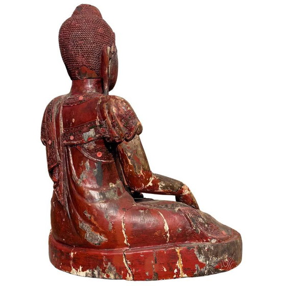 Antique Wooden Buddha Statue from Burma - Large Mandalay Buddha with Mirror Inlay – Sculpture (photo 8 of 18)