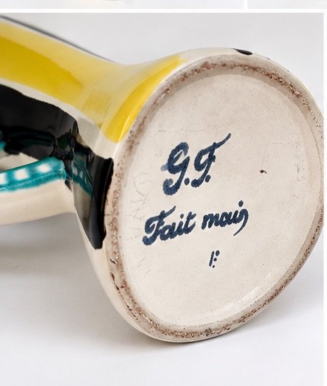 Gabriel Fourmaintraux Signed GF Ceramic Vase, France, 1950s-1960s, Yellow (photo 6 of 7)