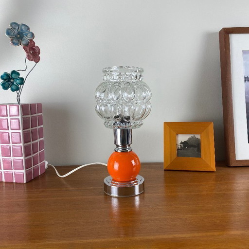 Lampe de table bureau chevet vintage tulipe en verre ancien et pied en métal orange et inox