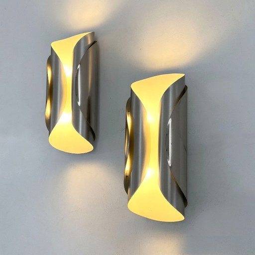 Pair of Curved Chromed Wall Lamps, 1970s