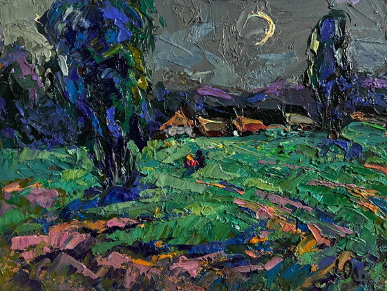 Image 1 of Original Oil Painting Night Village Landscape Light from the moon