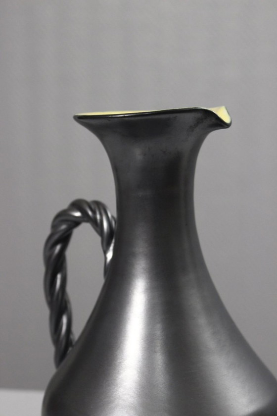 Image 1 of Vintage 1950s black satin & yellow ceramic pitcher by Louviers Poteries Normandes