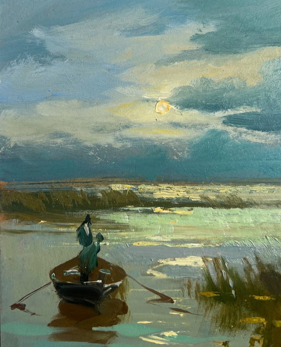 Image 1 of Peinture à l'huile originale représentant un paysage côtier au coucher du soleil