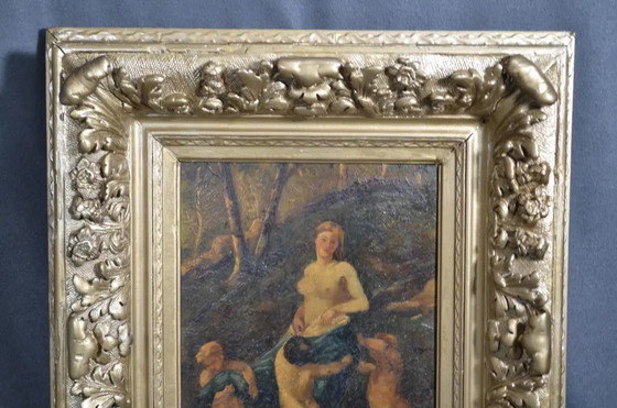 19e-eeuws Frans School Mythologisch Olieverfschilderij, Nimf en Drie Putti – Schilderijen & Tekeningen (photo 5 of 15)