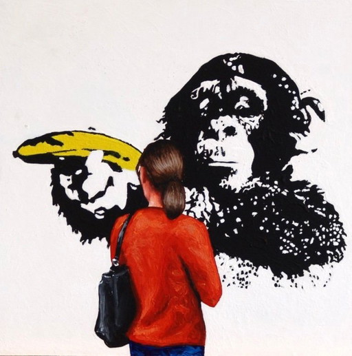 Gerard Boersma: Banana Monkey (painting of a woman enjoying a painting by Banksy). Unique 1/1, framed, with COA. Hand signed