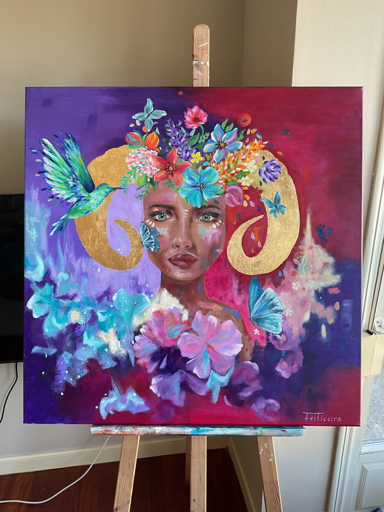 Image 1 of Original mixed media painting on canvas 80x80 – “Feiticeira” (signed) – colorful portrait with flowers & hummingbird