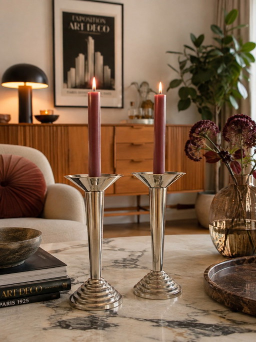 Beautiful Set of Original Art Deco Candlesticks – Chrome – 1930s – Bauhaus Style – decoratieve objecten