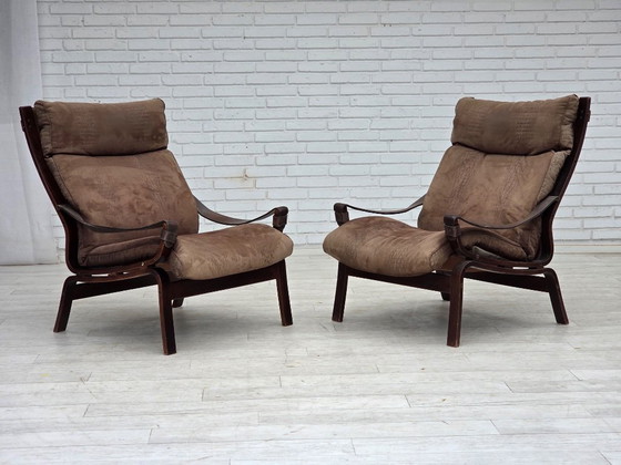 Image 1 of 1970s, Scandinavian lounge chair, nubuck leather, canvas, beech wood.