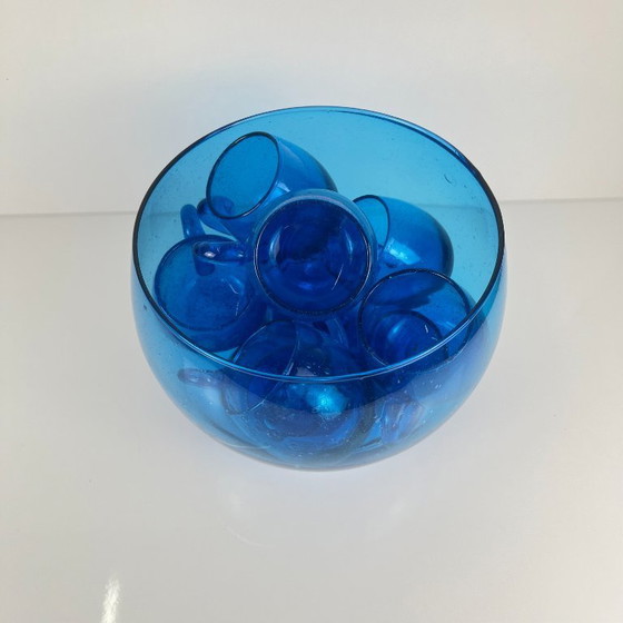 Image 1 of Punschset für 9 Personen, Biot-Stil, kobaltblaues, geblasenes Glas, 1970