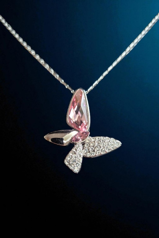 Rhinestone crystal pink butterfly 18kt white gold plated pendant with chain