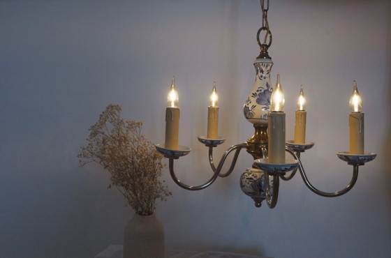 Image 1 of Antique Delft Blue Porcelain Chandelier Dutch Ceramic Ceiling Light Blue White Farmhouse Cottagecore Lighting