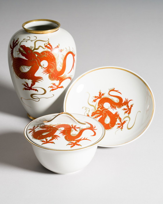 Image 1 of Heinz Schaubach Kunst Vaso di porcellana Ciotola Coperchio-Box Set Dragon Art Déco Jugendstil