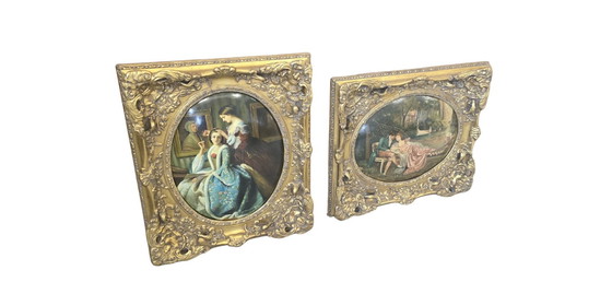 Image 1 of Pair of Oils on Canvas of the 18th Century Romantic Scenes Signed